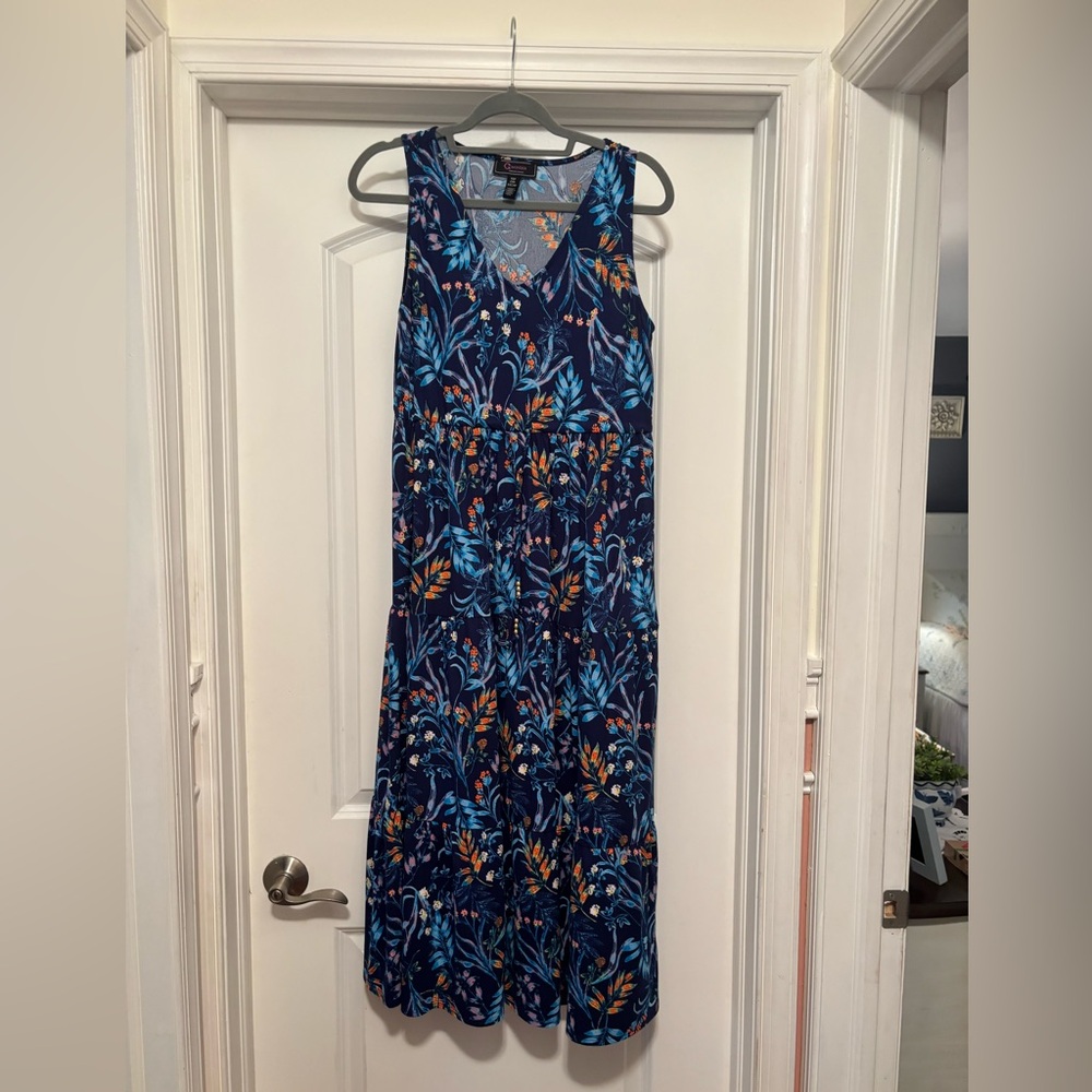 NWOT C Wonder by Christian Siriano Tiered Maxi Dress Navy Print size Petite XS